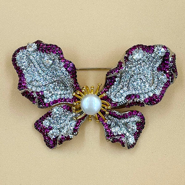 Crystal Bow Brooch with Pearl Center