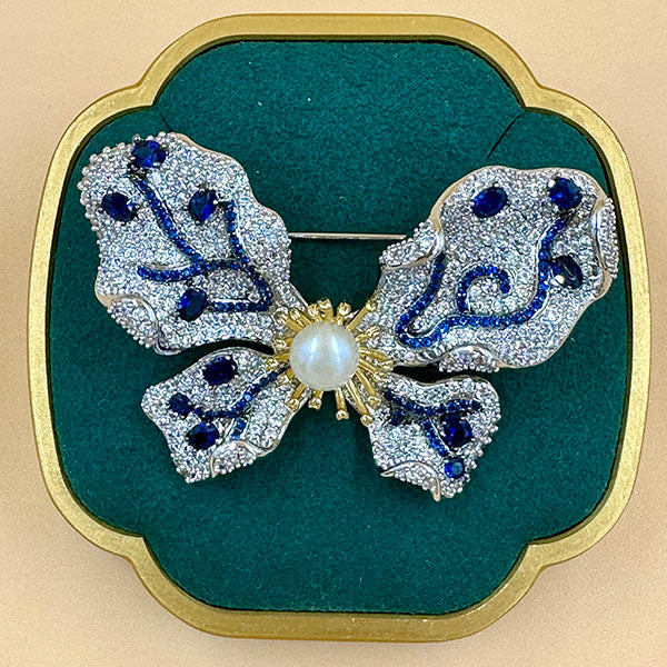 Blue Crystal Bow Brooch with Pearl Center