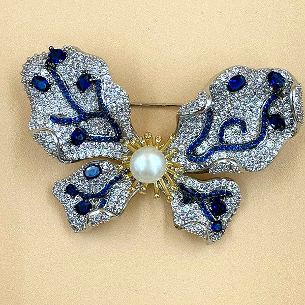 Blue Crystal Bow Brooch with Pearl Center