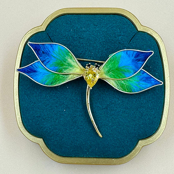 Enamel Dragonfly Brooch with Yellow Gemstone