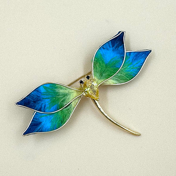 Enamel Dragonfly Brooch with Yellow Gemstone