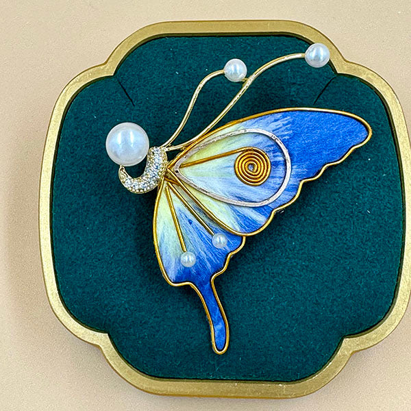 Blue & Yellow Butterfly Brooch with Pearls