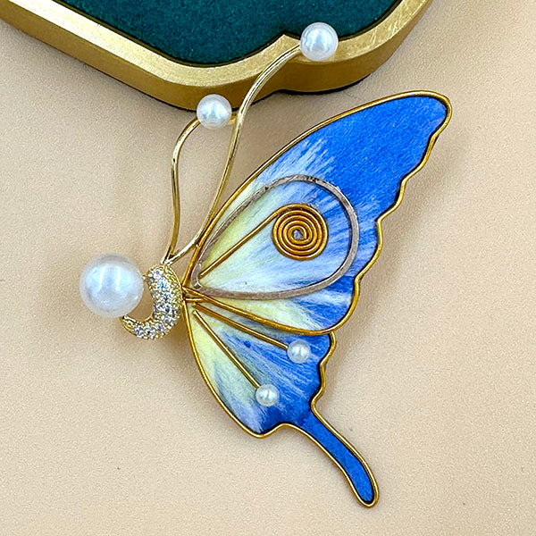 Blue & Yellow Butterfly Brooch with Pearls
