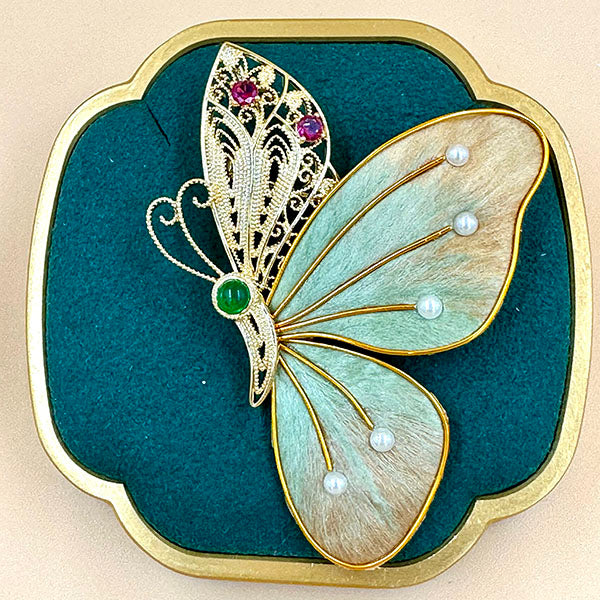 Blue Enamel Butterfly Brooch with Pearls