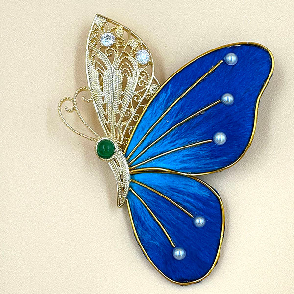 Blue Enamel Butterfly Brooch with Pearls