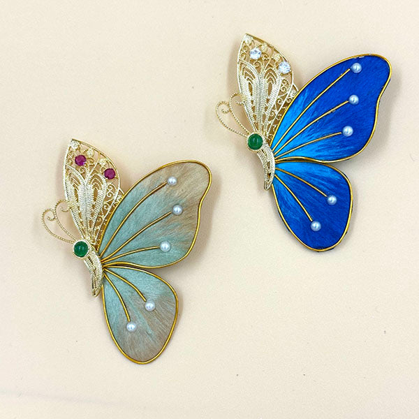 Blue Enamel Butterfly Brooch with Pearls