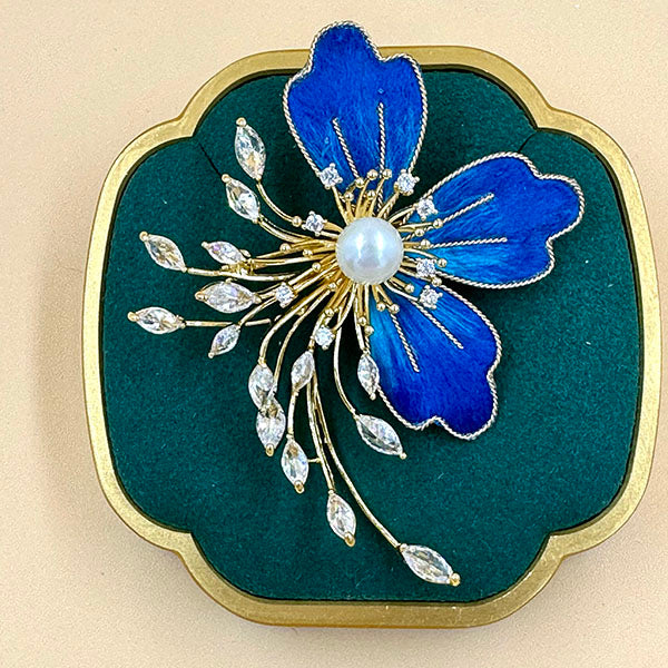 Blue Enamel Flower Brooch with Pearl & Crystals