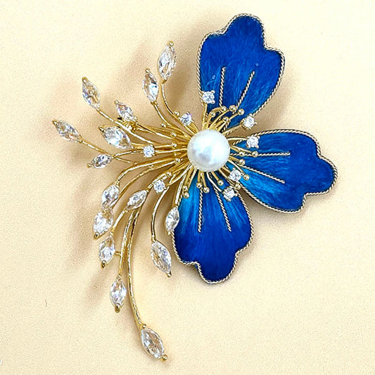 Blue Enamel Flower Brooch with Pearl & Crystals