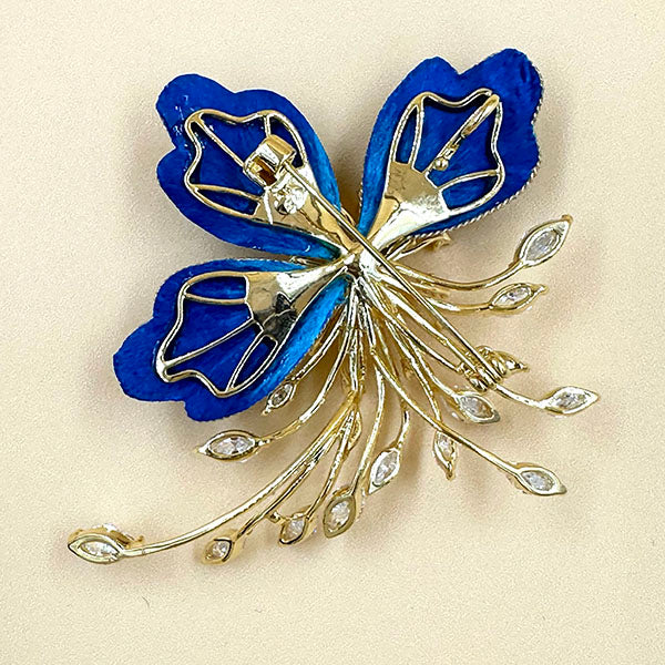 Blue Enamel Flower Brooch with Pearl & Crystals