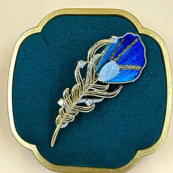 Blue Feather Brooch with Crystal Accents