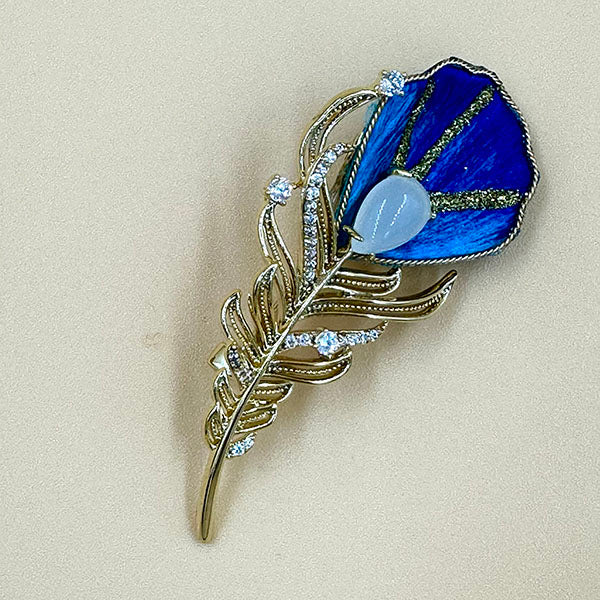 Blue Feather Brooch with Crystal Accents