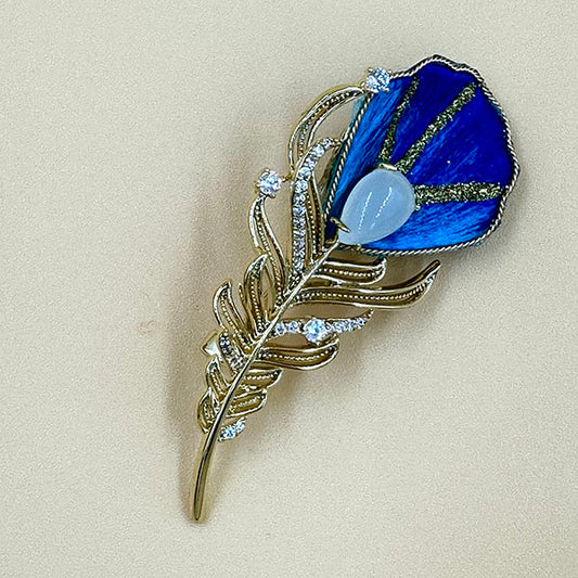Blue Feather Brooch with Crystal Accents