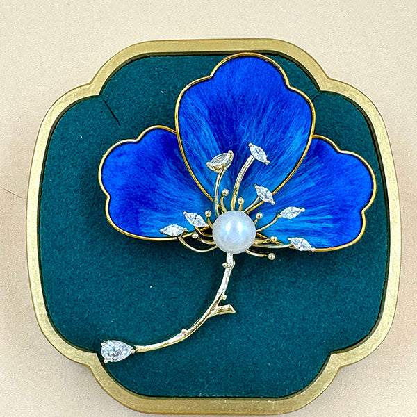 Blue Enamel Flower Brooch with Pearl & Crystals