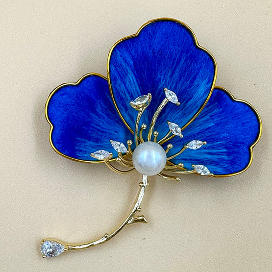 Blue Enamel Flower Brooch with Pearl & Crystals