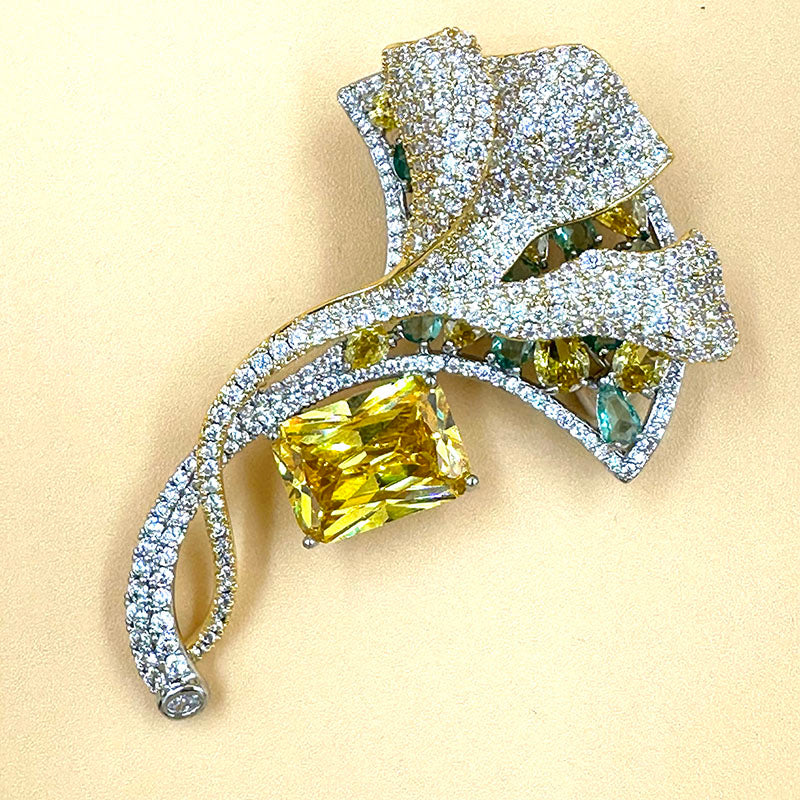 Luxury Ginkgo Leaf Brooch with Yellow Crystal