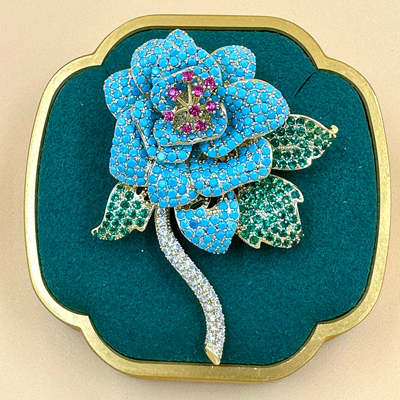 Turquoise Vintage Red Gem Flower Brooch
