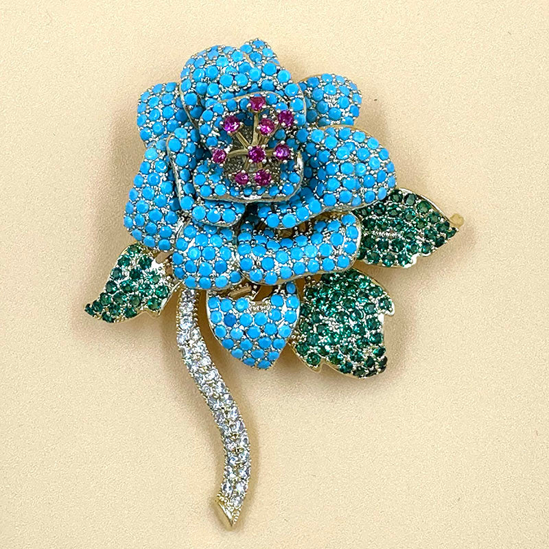 Turquoise Vintage Red Gem Flower Brooch