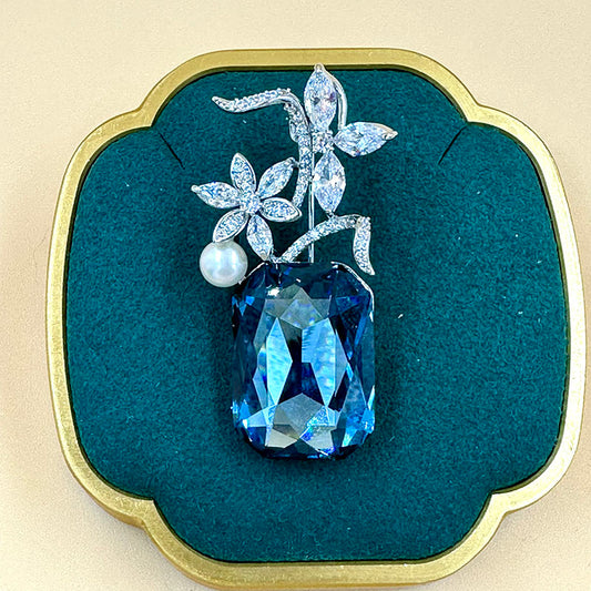 Blue Gemstone Flower Brooch with Pearl