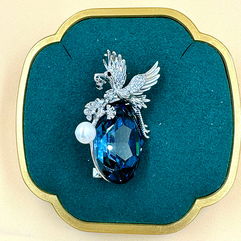 Blue Crystal Phoenix Brooch with Pearl