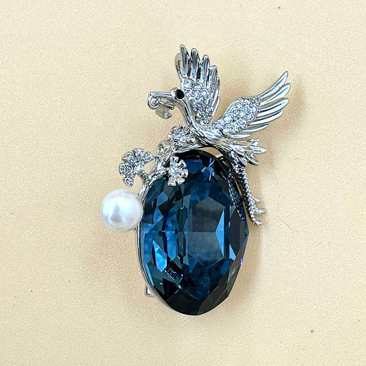 Blue Crystal Phoenix Brooch with Pearl