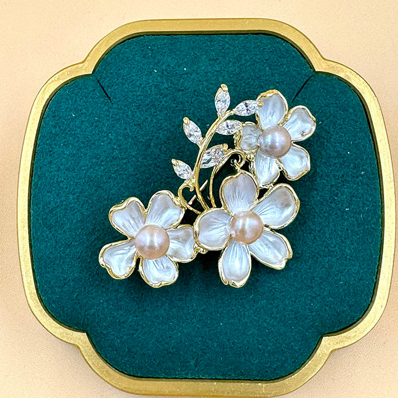 Elegant Triple Blossom Pearl Brooch