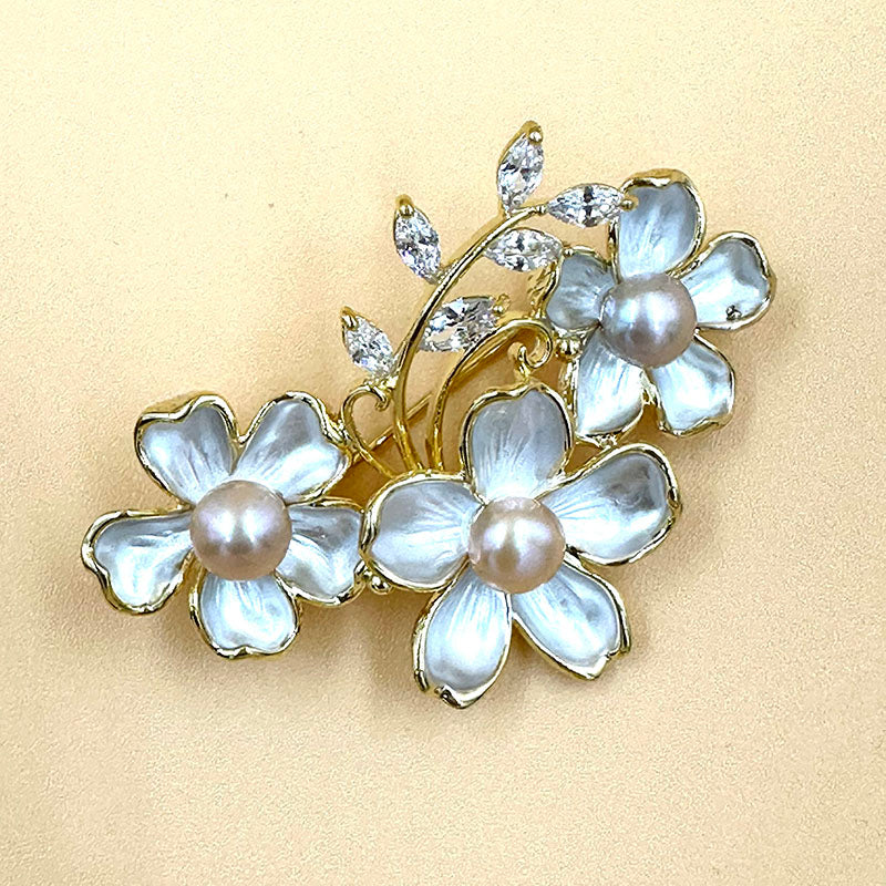 Elegant Triple Blossom Pearl Brooch
