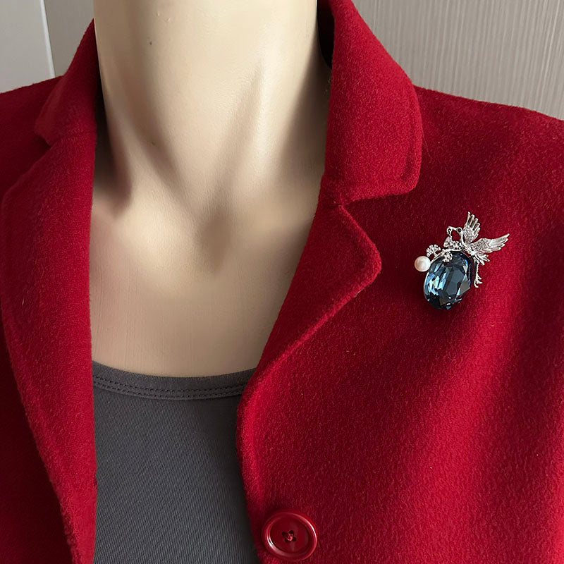 Blue Crystal Phoenix Brooch with Pearl