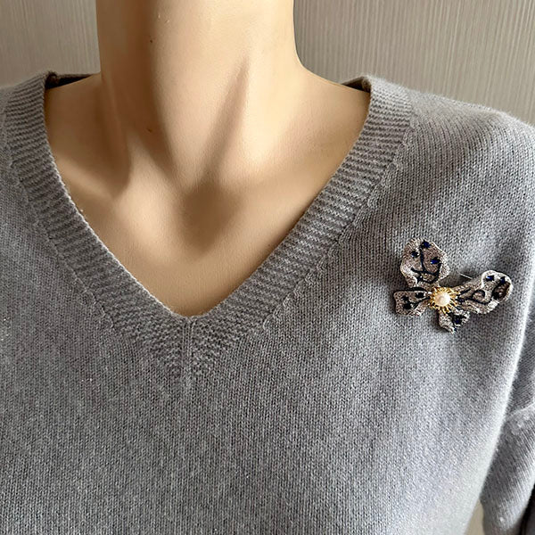 Blue Crystal Bow Brooch with Pearl Center