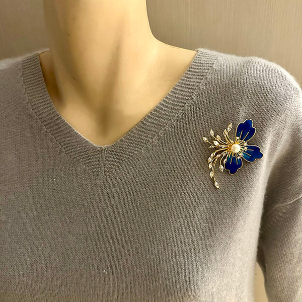 Blue Enamel Flower Brooch with Pearl & Crystals