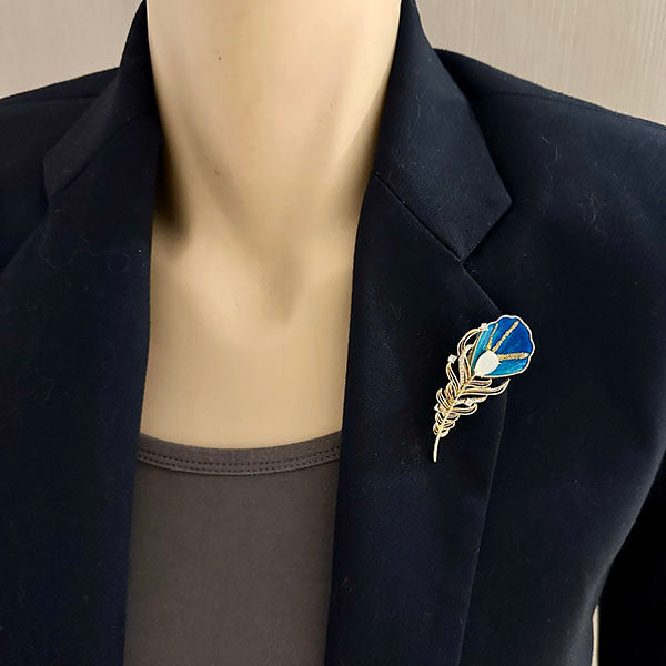 Blue Feather Brooch with Crystal Accents