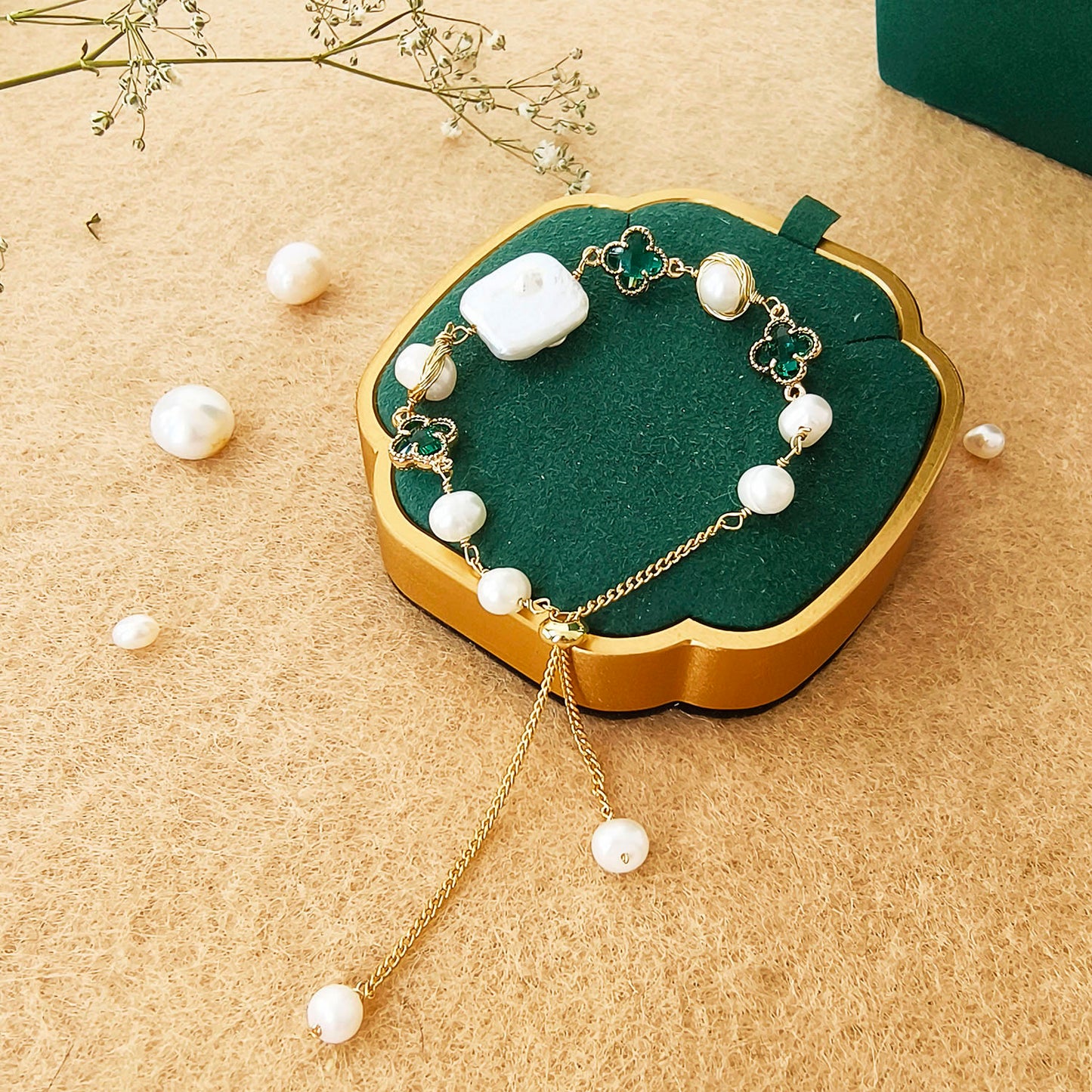 Emerald clover fresh water Pearl Charm Bracelet