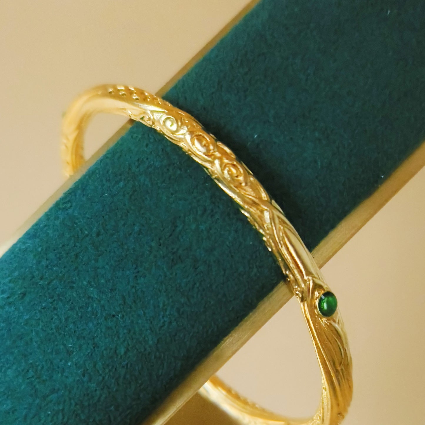 Simple Thin Gold Plated Bangle with Green Stone