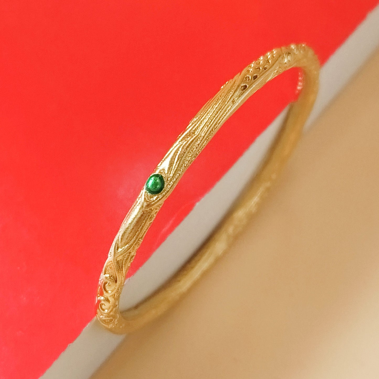 Simple Thin Gold Plated Bangle with Green Stone