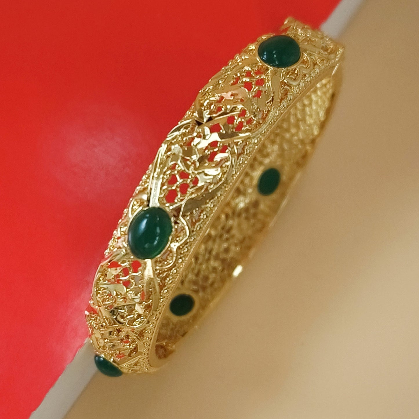 Emerald green filigree Gold plated Bangle