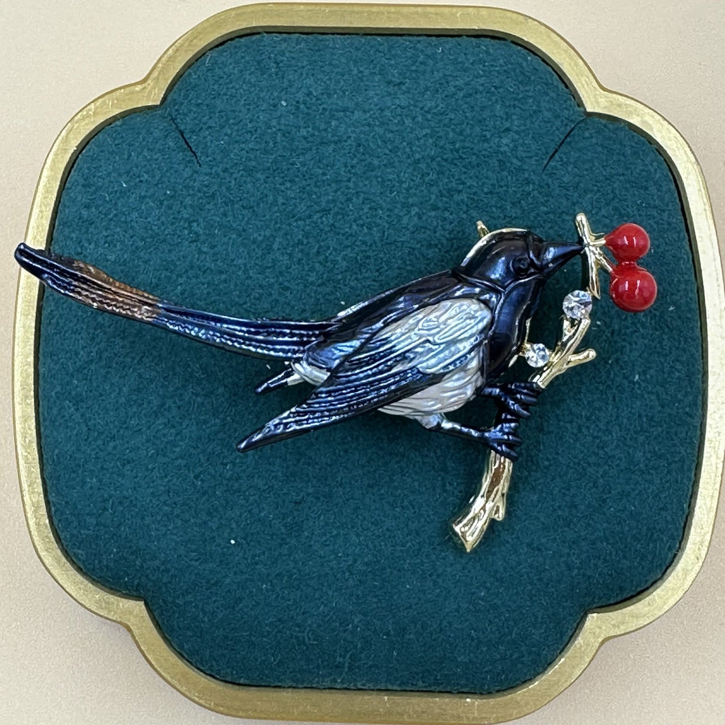 Enamel Bird with Red Berries Brooch 2 colours
