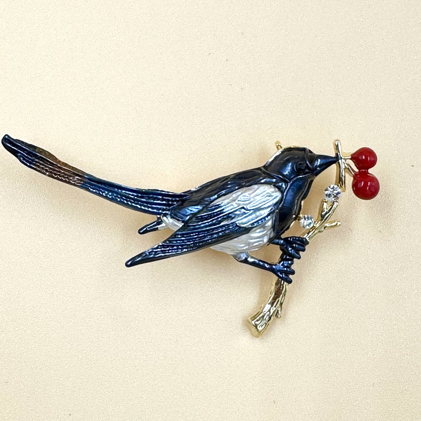 Enamel Bird with Red Berries Brooch 2 colours