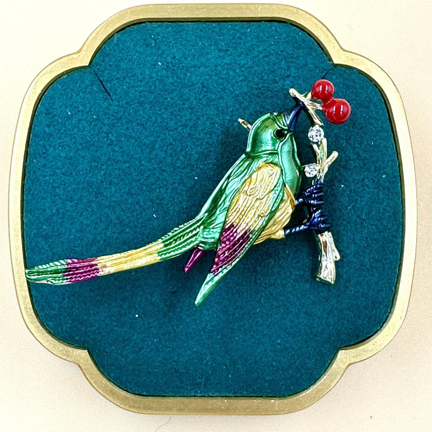 Enamel Bird with Red Berries Brooch 2 colours