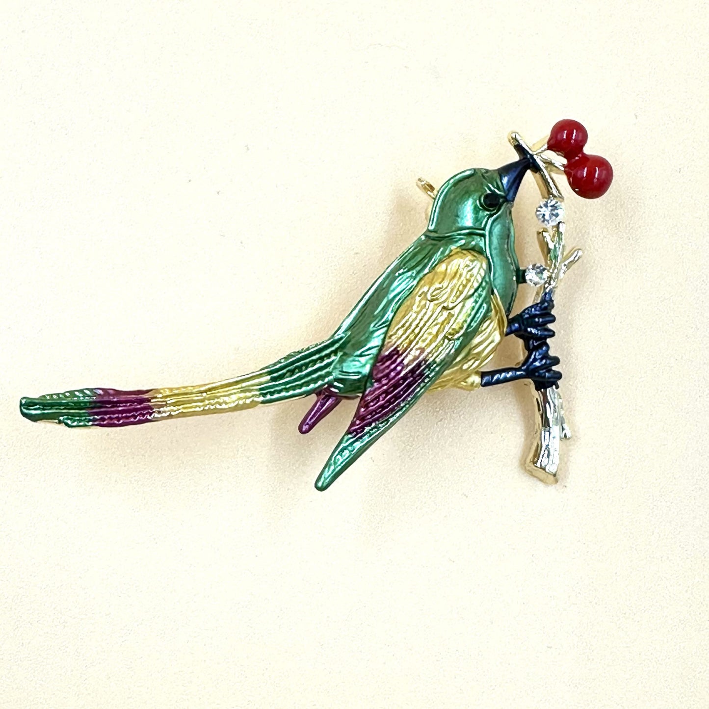 Enamel Bird with Red Berries Brooch 2 colours