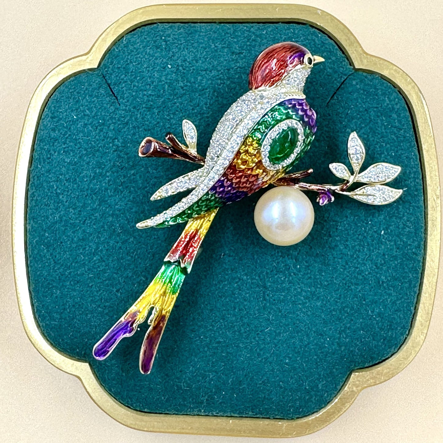 Rainbow Jewel Bird Brooch with Pearl