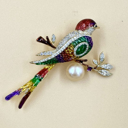 Rainbow Jewel Bird Brooch with Pearl