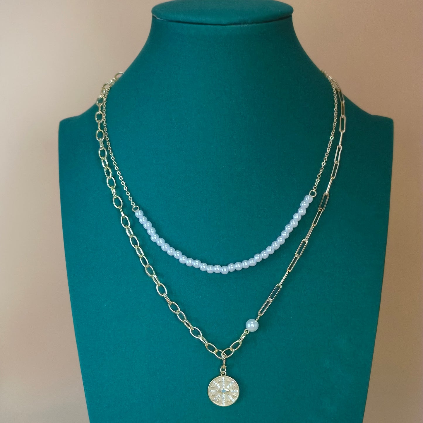 Layered Pearl & Gold Medallion Necklace