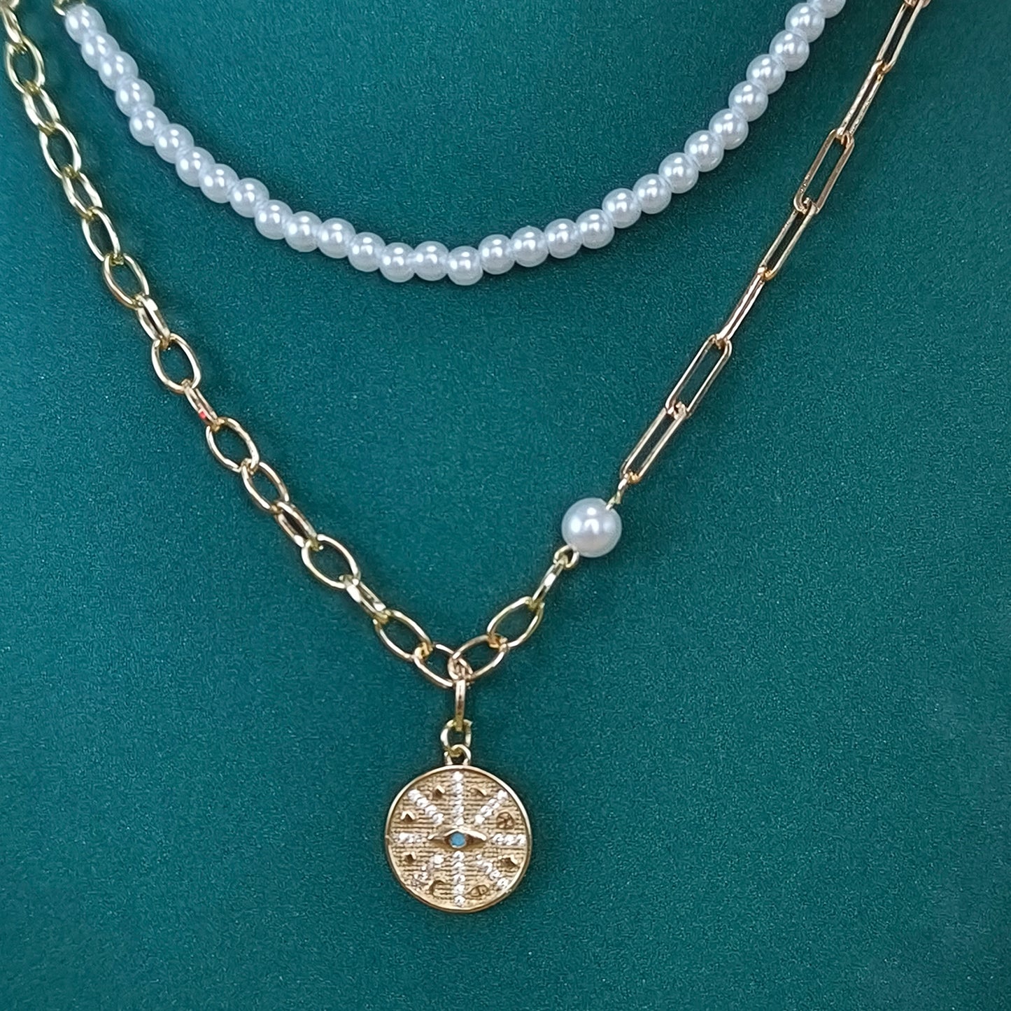 Layered Pearl & Gold Medallion Necklace