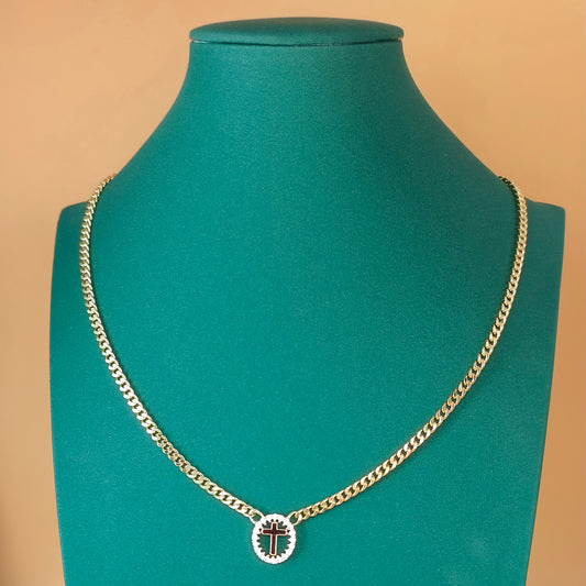 Cuban Chain Round Cross Pendant Necklace Gold Plated with Stone