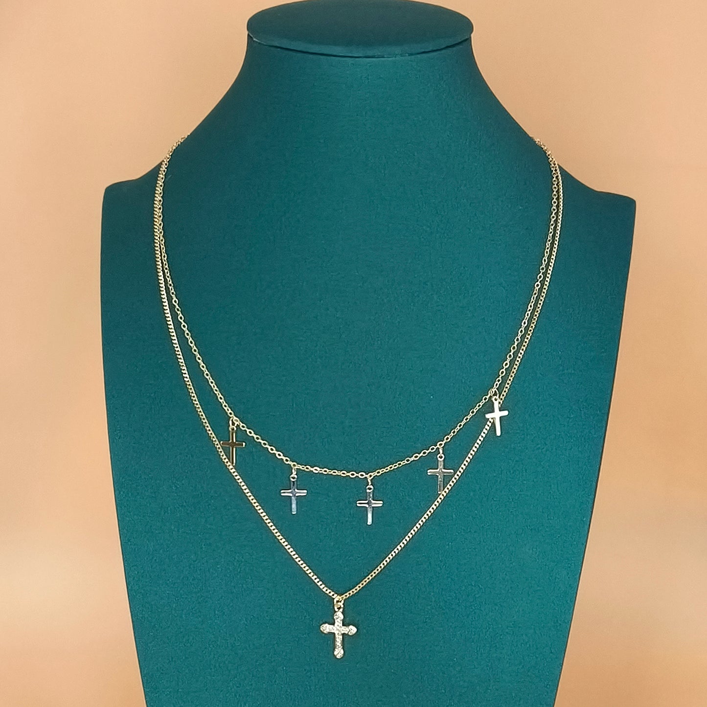 Layered dual Chain Multi Cross Pendant Necklace Gold Plated