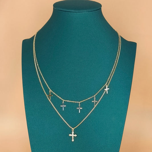 Layered dual Chain Multi Cross Pendant Necklace Gold Plated