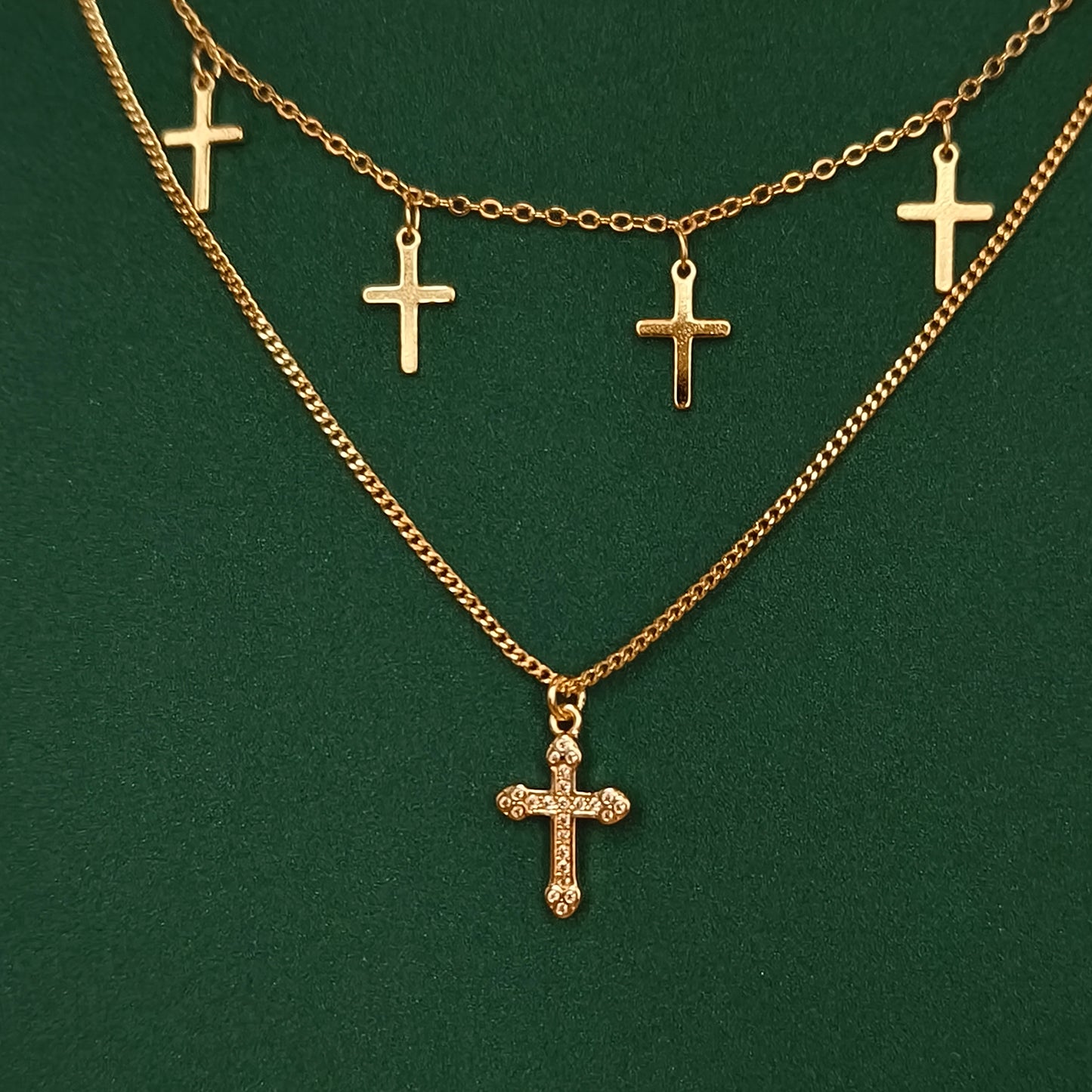 Layered dual Chain Multi Cross Pendant Necklace Gold Plated