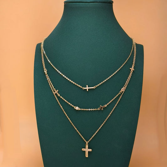 Layered triple Chain Cross Pendant Necklace Gold Plated