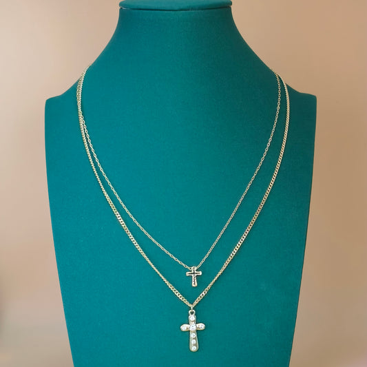 Layered Dual Chain Cross Pendant Necklace Gold Plated