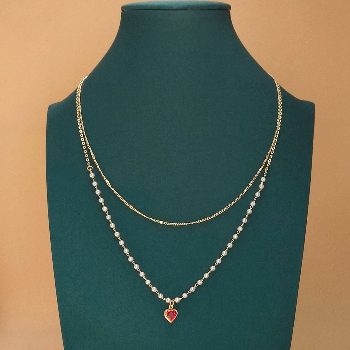 Dual Chain Heart Pendant Necklace with Pearls Gold Plated