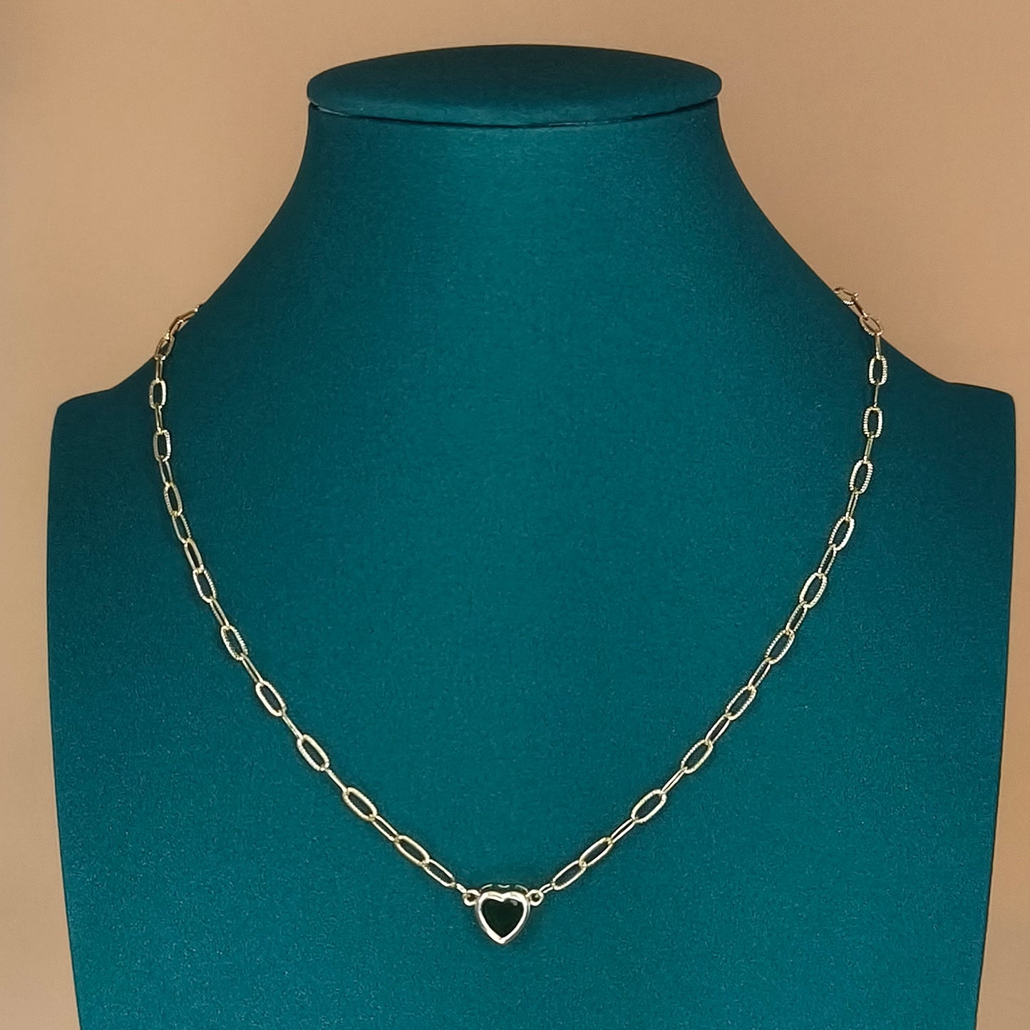 Paperclip Chain Heart Pendant Necklace Emerald Green Gold Plated